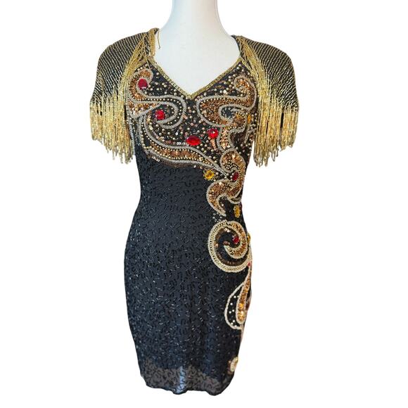 Vintage Ornate Fringe Beaded Cocktail Black Gold Embellished Party Dress Size 4 - Picture 2 of 16
